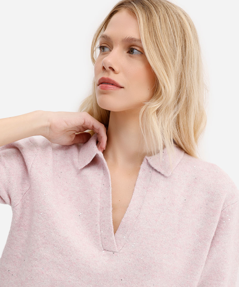 polo feminina de tricot com paetê e lurex rosa