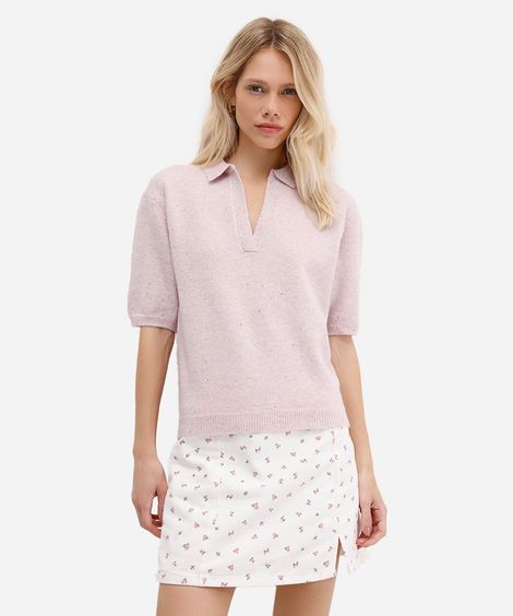 polo feminina de tricot com paetê e lurex rosa