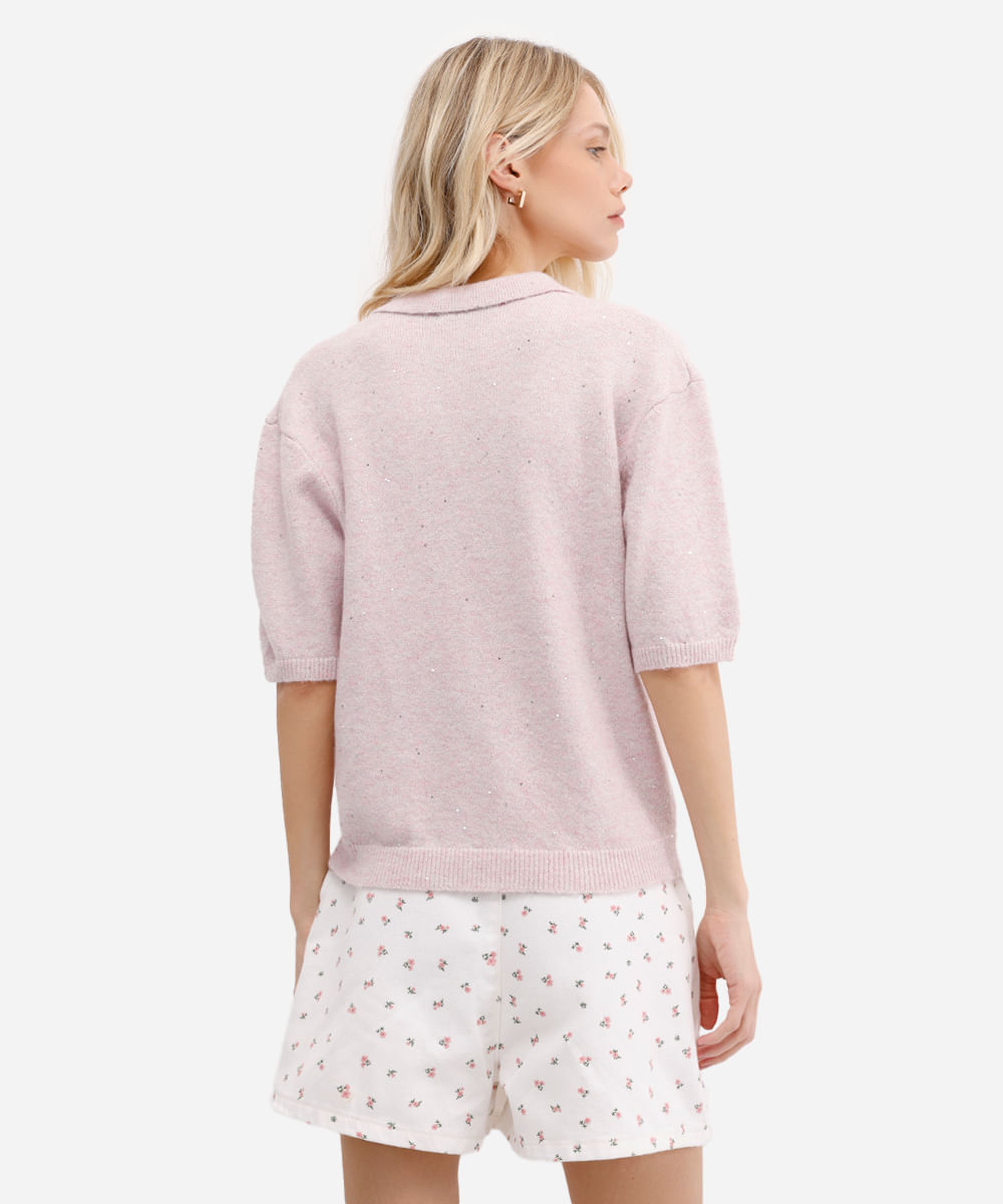 polo feminina de tricot com paetê e lurex rosa