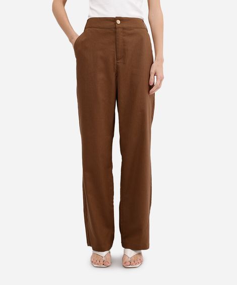calça reta feminina com linho cintura alta marrom