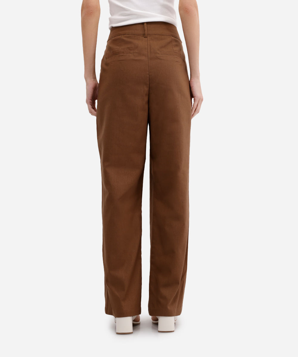 calça reta feminina com linho cintura alta marrom