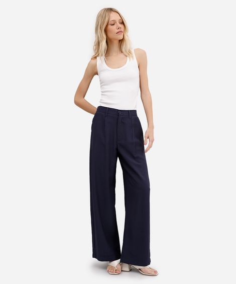 calça wide leg feminina de viscose cós elástico azul