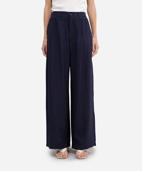 calça wide leg feminina de viscose cós elástico azul
