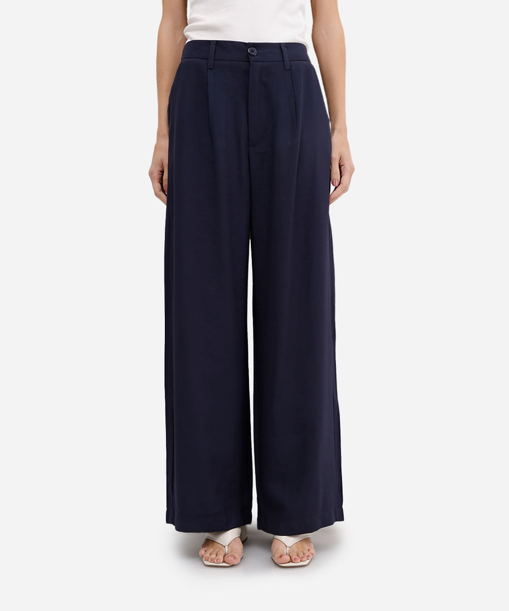 calça wide leg feminina de viscose cós elástico azul