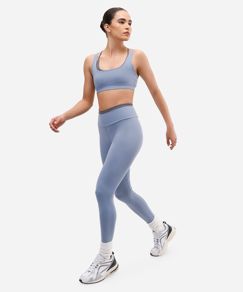 calça legging feminina esportiva de poliamida cós bicolor azul