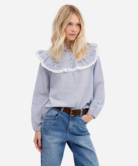 blusa feminina com babados e renda listrada off white