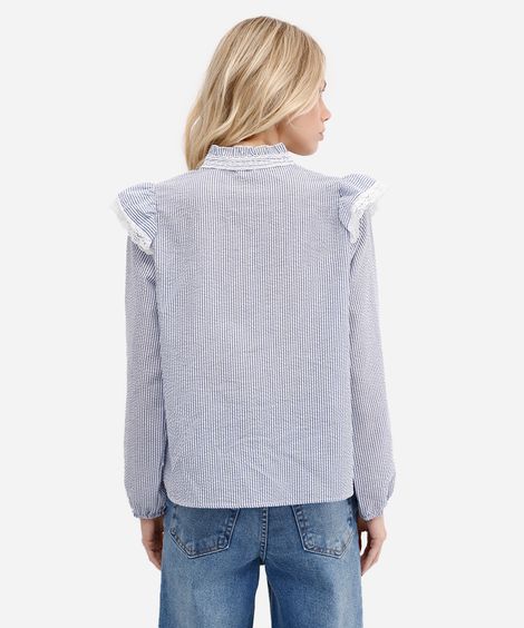 blusa feminina com babados e renda listrada off white