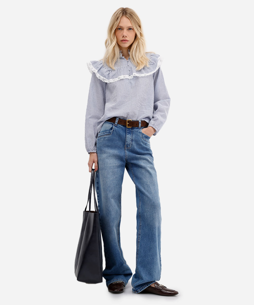 blusa feminina com babados e renda listrada off white