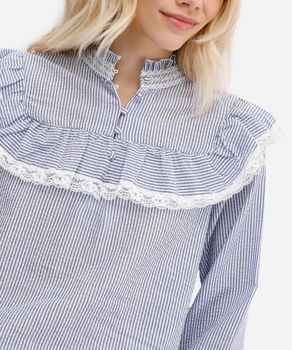 blusa feminina com babados e renda listrada off white