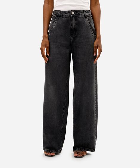 calça reta oversized feminina jeans cintura média preta