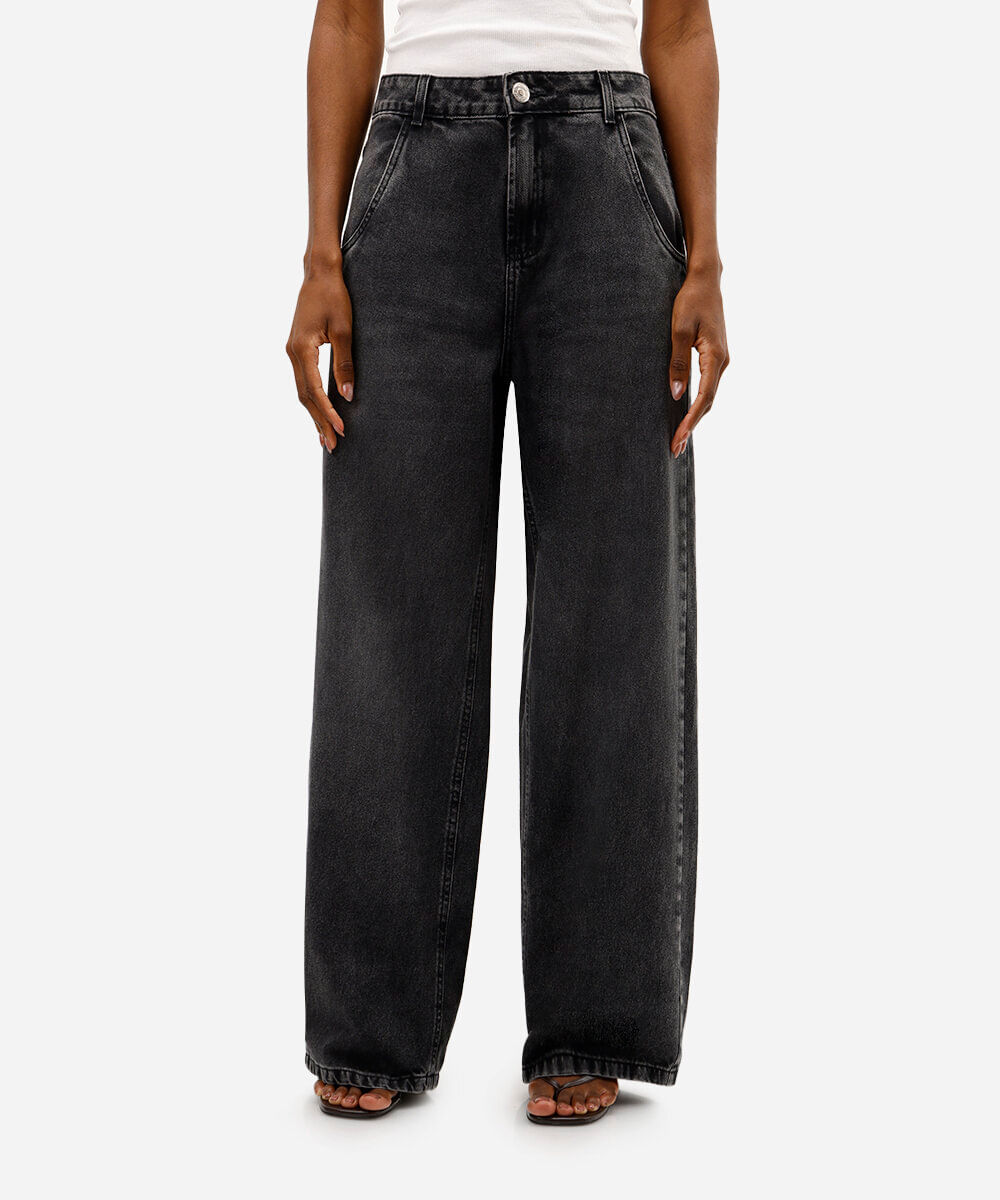 calça reta oversized feminina jeans cintura média preta