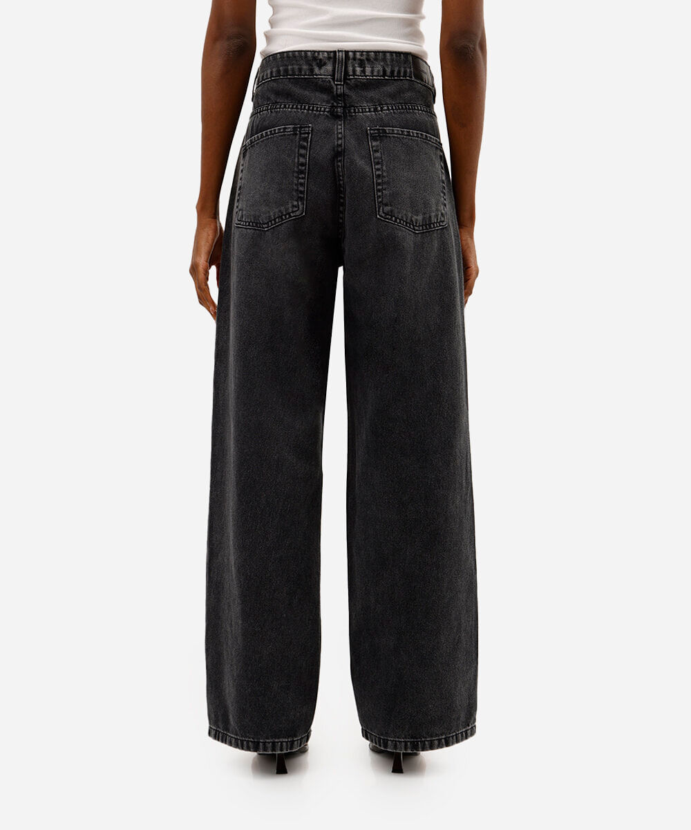 calça reta oversized feminina jeans cintura média preta