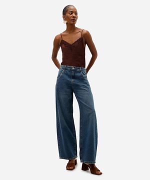 calça wide leg oversized jeans cintura média azul