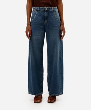 calça wide leg oversized jeans cintura média azul