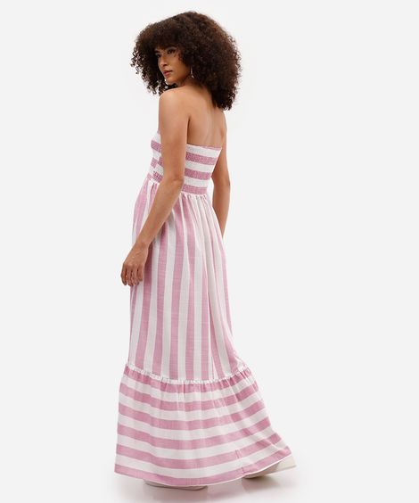vestido longo feminino sem alça com lastex listrado rosa