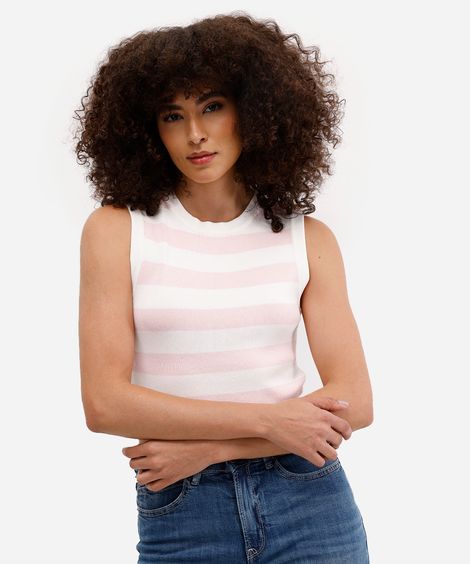 cropped feminino de tricot canelado e listrado rosa