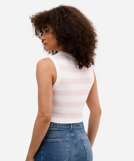 cropped feminino de tricot canelado e listrado rosa
