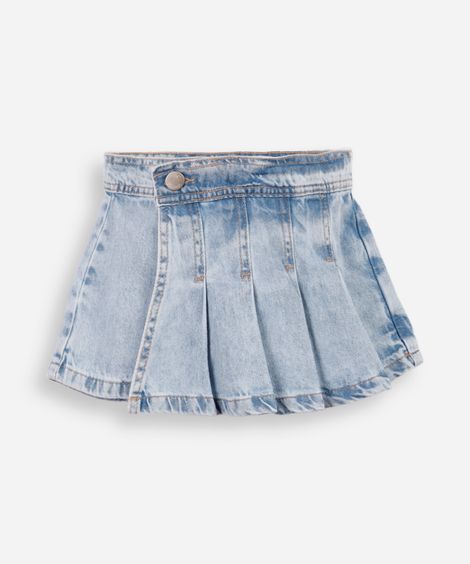 short saia infantil jeans com pregas azul