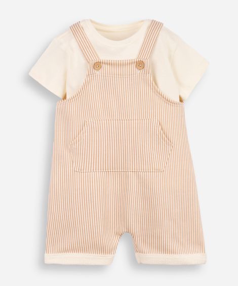 kit jardineira infantil listrado com blusa bege