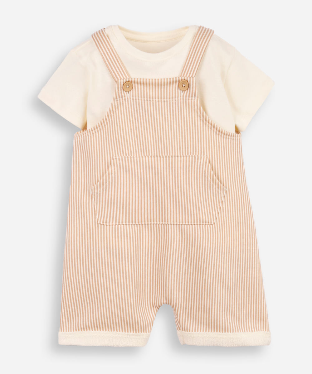 kit jardineira infantil listrado com blusa bege