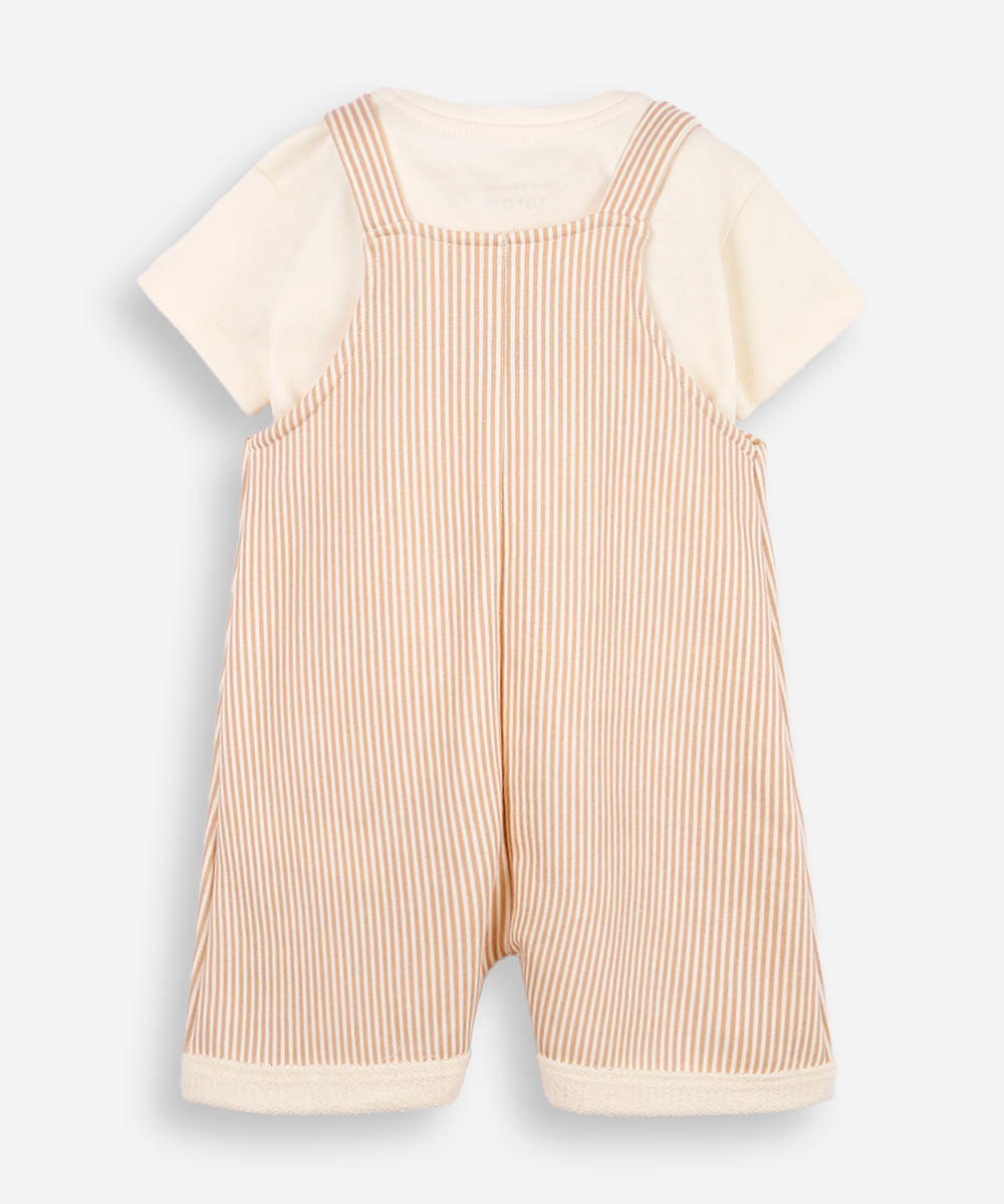 kit jardineira infantil listrado com blusa bege