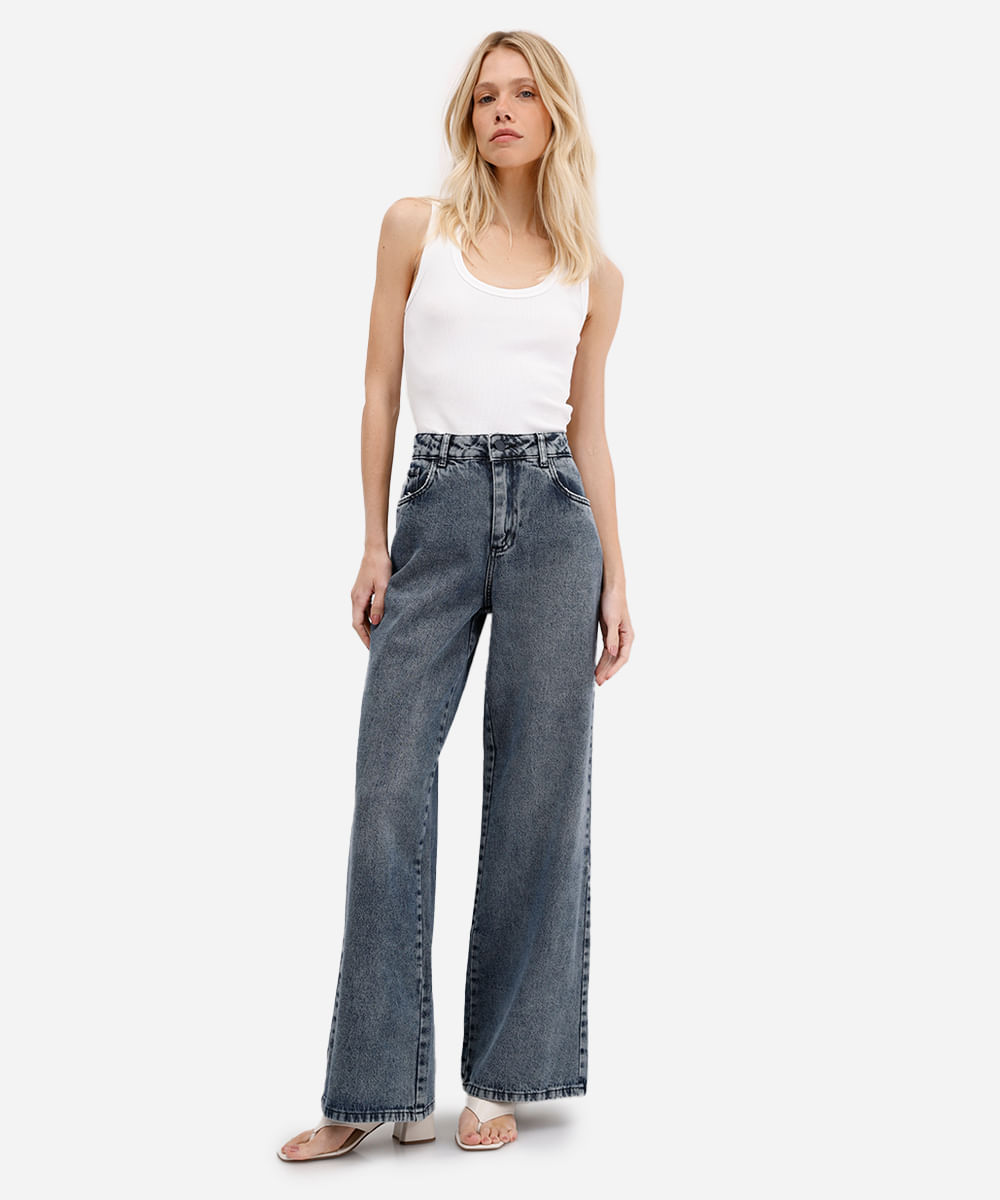 calça wide leg feminina jeans sawary azul