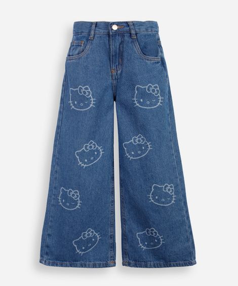 calça wide leg infantil jeans hello kitty azul