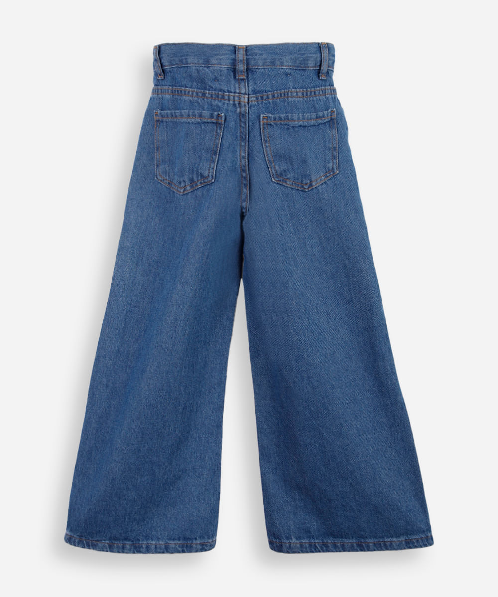 calça wide leg infantil jeans hello kitty azul