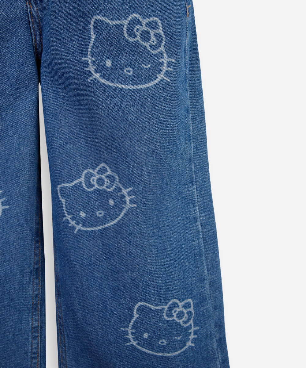 calça wide leg infantil jeans hello kitty azul