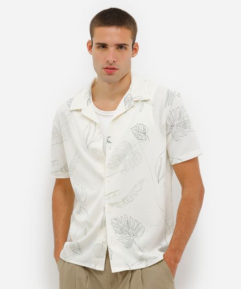 camisa masculina manga curta texturizada folhagens off white