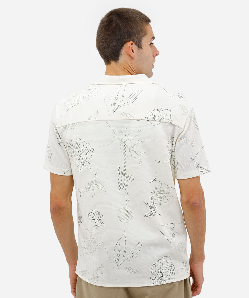 camisa masculina manga curta texturizada folhagens off white