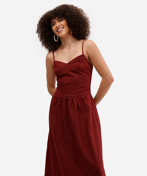 vestido feminino longo cintura alongada com alça fina vinho