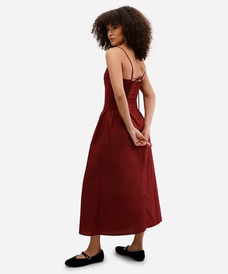 vestido feminino longo cintura alongada com alça fina vinho