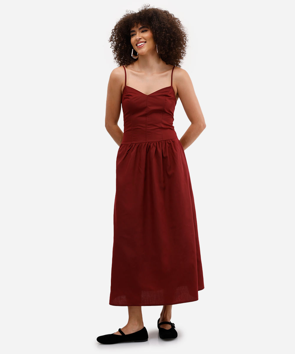 vestido feminino longo cintura alongada com alça fina vinho