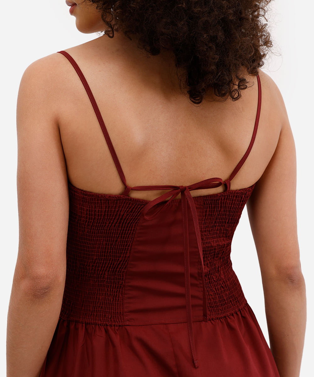 vestido feminino longo cintura alongada com alça fina vinho