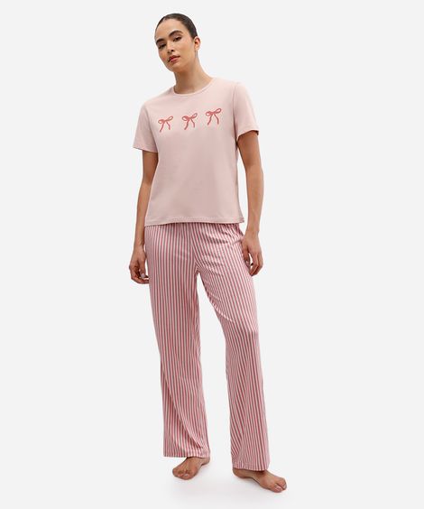 pijama feminino manga curta listrado rosa