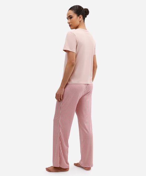 pijama feminino manga curta listrado rosa