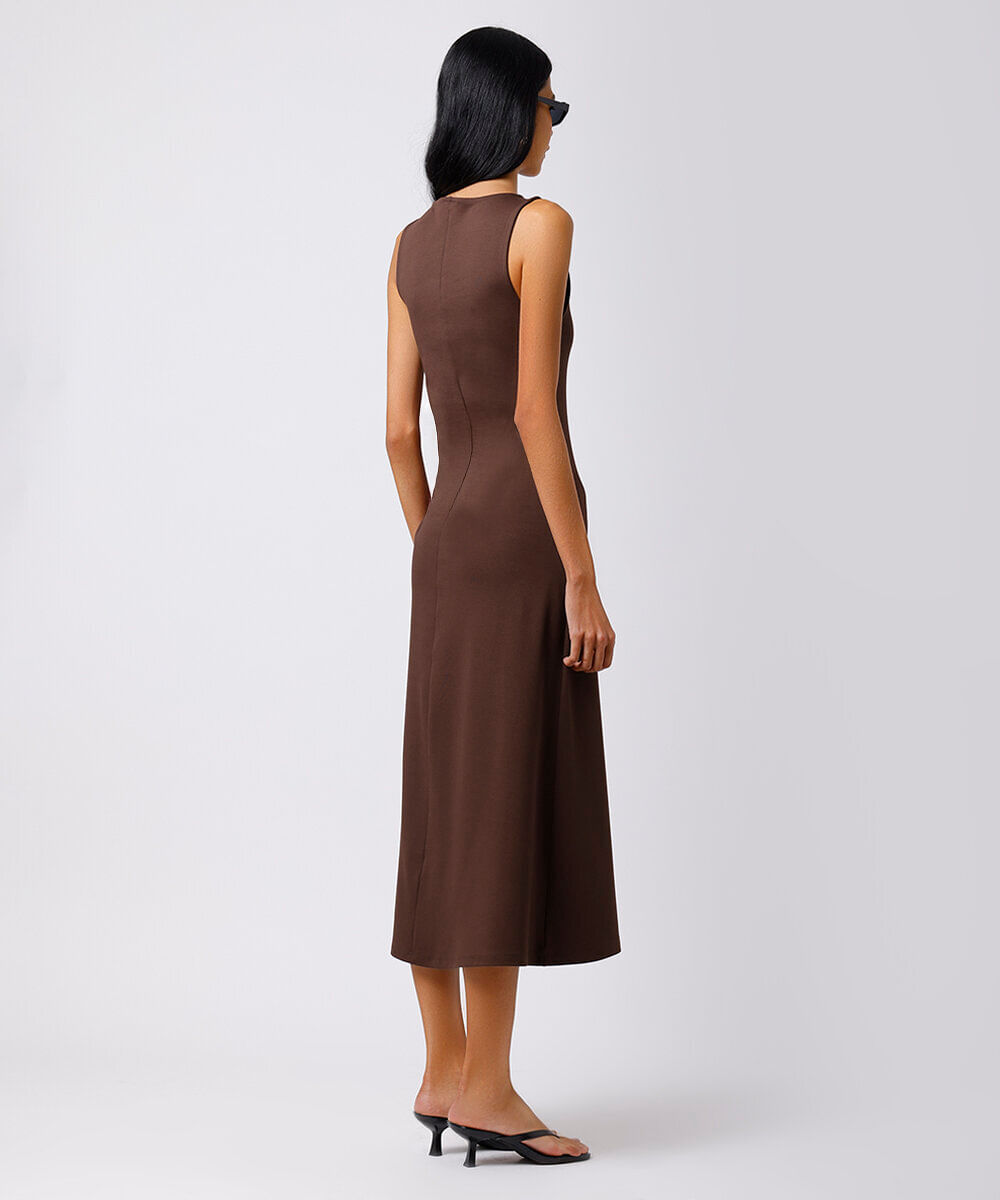 vestido midi feminino com franzido mindset marrom