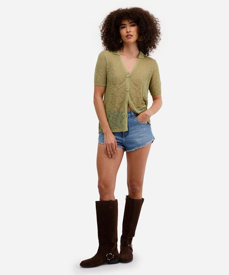 short curto feminino jeans cintura média destroyed azul