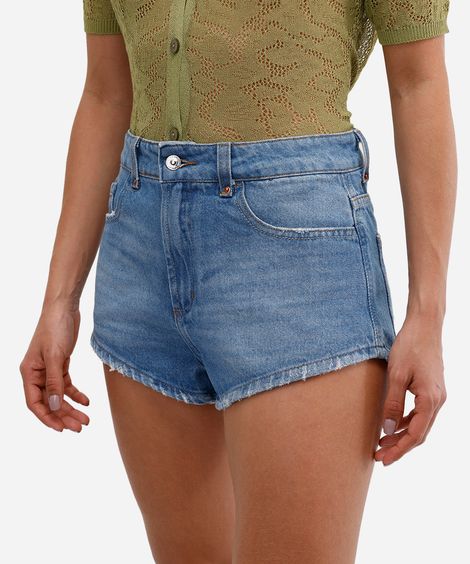 short curto feminino jeans cintura média destroyed azul