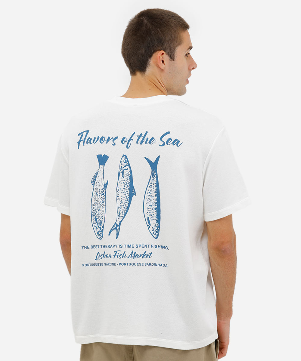 camiseta masculina moletom box fit peixe flavor off white