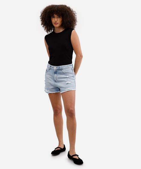 short feminino jeans cintura média destroyed azul