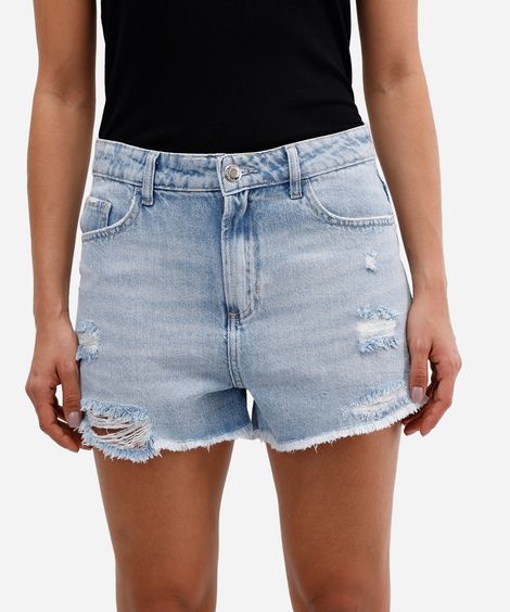short feminino jeans cintura média destroyed azul