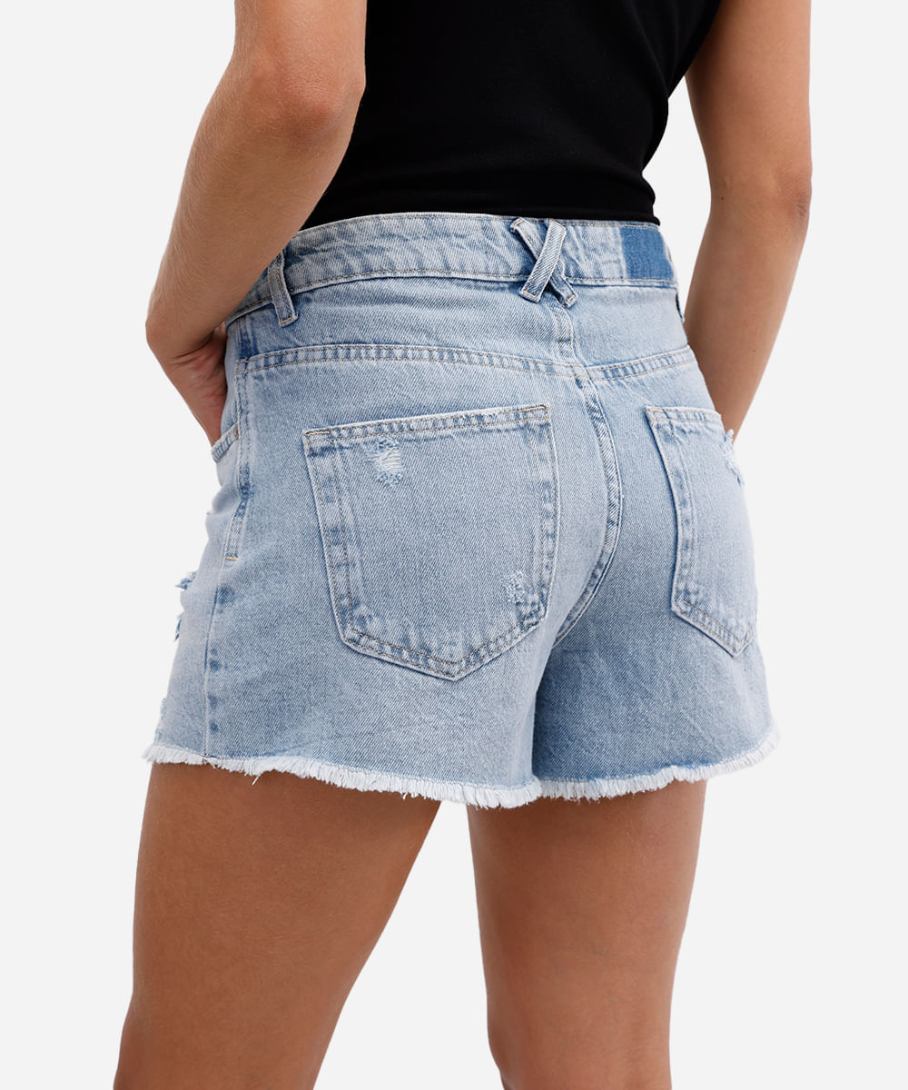 short feminino jeans cintura média destroyed azul