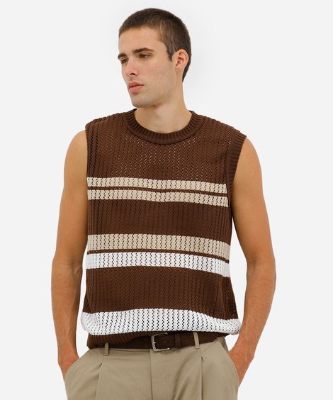 colete masculino de tricot texturizado listrado marrom