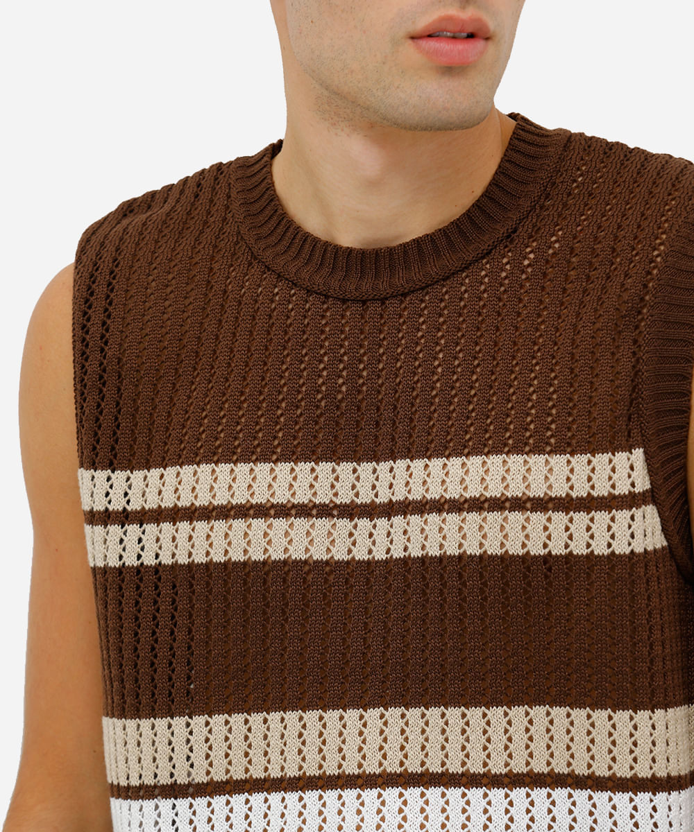 colete masculino de tricot texturizado listrado marrom