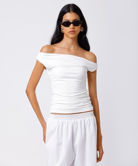 blusa ombro a ombro feminina franzida mindset off white