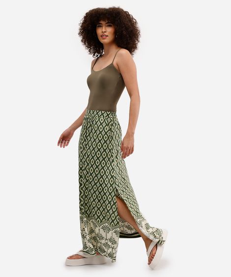 saia longa feminina de viscose estampada verde