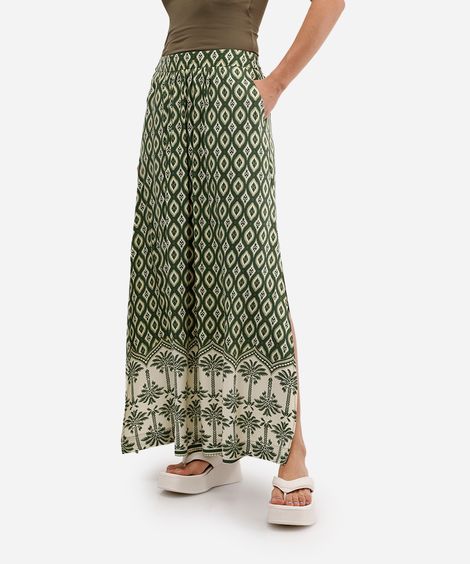 saia longa feminina de viscose estampada verde