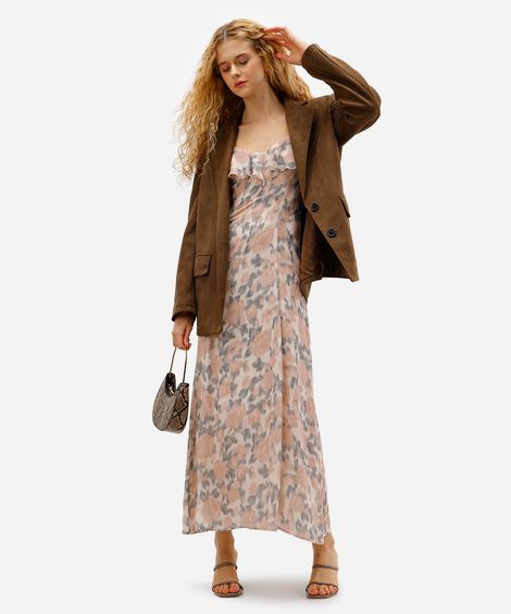 vestido longo feminino com babados floral rosa